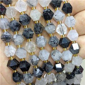 Natural Black Rutilated Quartz Beads Cut Bicone, approx 8-10mm [GB22397]