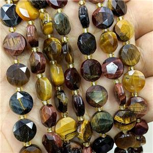 Tiger Eye Stone Beads Multicolor Faceted Coin, approx 10mm [GB22476]