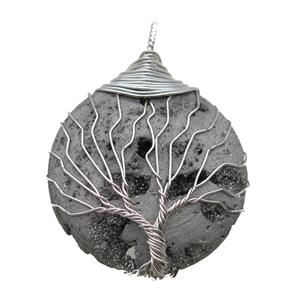 silver Agate Druzy circle pendant wire warpped tree of life, approx 32mm dia [GM13933]