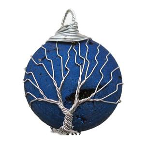 blue Agate Druzy circle pendant wire warpped tree of life, approx 32mm dia [GM13934]