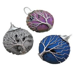 Agate Druzy coin round pendant wire warpped tree of life, mixed color, approx 32mm dia [GM13936]