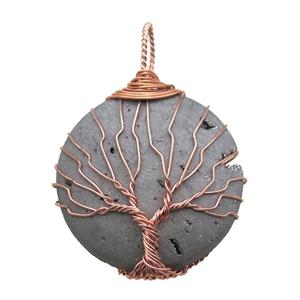 silver Agate Druzy circle pendant wire warpped tree of life, approx 32mm dia [GM13937]