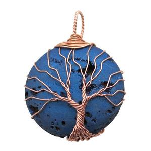 blue electroplated Agate Druzy circle pendant wire warpped tree of life, approx 32mm dia [GM13938]