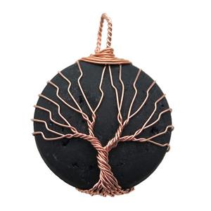 black electroplated Agate Druzy circle pendant wire warpped tree of life, approx 32mm dia [GM13939]
