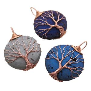 mixed Agate Druzy circle pendant wire warpped tree of life, rose gold, approx 32mm dia [GM13941]