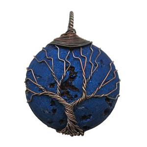 blue electroplated Agate Druzy circle pendant wire warpped tree of life, approx 32mm dia [GM13942]