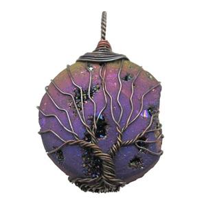 rainbow electroplated Agate Druzy circle pendant wire warpped tree of life, approx 32mm dia [GM13943]