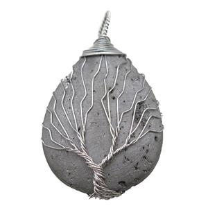 silver plated Agate Druzy teardrop pendant wire warpped tree of life, approx 32-45mm [GM13945]