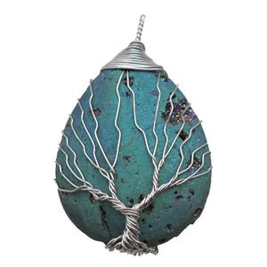 green electroplated Agate Druzy teardrop pendant wire warpped tree of life, approx 32-45mm [GM13946]