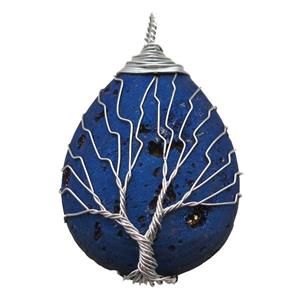 blue electroplated Agate Druzy teardrop pendant wire warpped tree of life, approx 32-45mm [GM13947]
