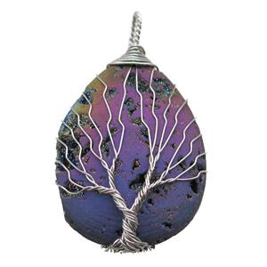 rainbow Agate Druzy teardrop pendant wire warpped tree of life, approx 32-45mm [GM13948]