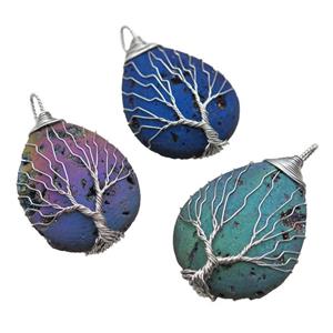 Agate Druzy teardrop pendant wire warpped tree of life, mixed color, approx 32-45mm [GM13949]