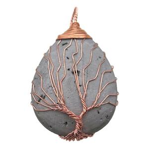 silver Agate Druzy teardrop pendant wire warpped tree of life, approx 32-45mm [GM13950]
