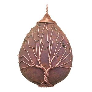 champagne Agate Druzy teardrop pendant wire warpped tree of life, approx 32-45mm [GM13951]