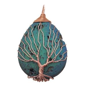 green electroplated Agate Druzy teardrop pendant wire warpped tree of life, approx 32-45mm [GM13952]