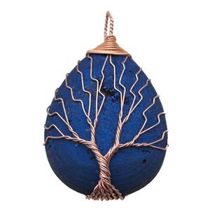 blue electroplated Agate Druzy teardrop pendant wire warpped tree of life, approx 32-45mm [GM13954]