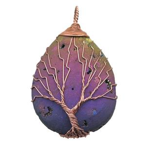 rainbow Agate Druzy teardrop pendant wire warpped tree of life, approx 32-45mm [GM13955]
