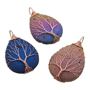 mixed Agate Druzy teardrop pendant with warpped tree of life, rose gold, approx 32-45mm [GM13956]