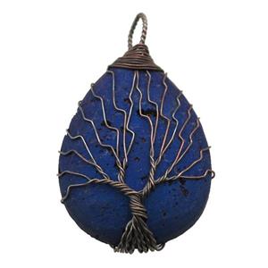 blue Agate Druzy teardrop pendant wire warpped tree of life, approx 32-45mm [GM13957]