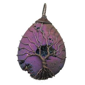 purple Agate Druzy teardrop pendant wire warpped tree of life, approx 32-45mm [GM13958]