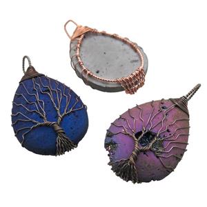 Agate Druzy teardrop pendant wire warpped tree of life, mixed color, approx 32-45mm [GM13959]