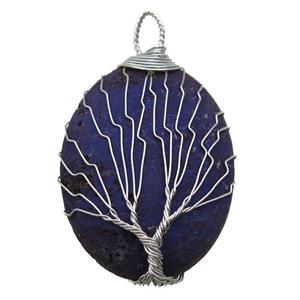 darkpurple electroplated Agate Druzy oval pendant wire warpped tree of life, approx 32-45mm [GM13960]