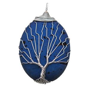 blue electroplated Agate Druzy oval pendant wire warpped tree of life, approx 32-45mm [GM13961]