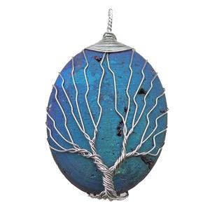 green electroplated Agate Druzy oval pendant wire warpped tree of life, approx 32-45mm [GM13962]