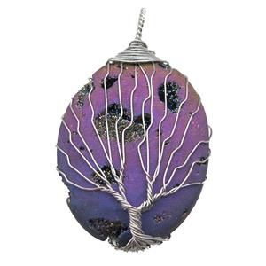 purple electroplated Agate Druzy oval pendant wire warpped tree of life, approx 32-45mm [GM13963]