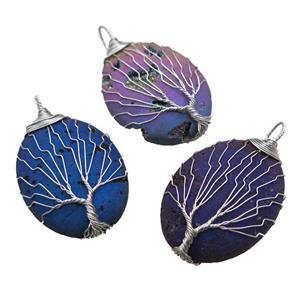 mixed color Agate Druzy oval pendant wire warpped tree of life, approx 32-45mm [GM13964]