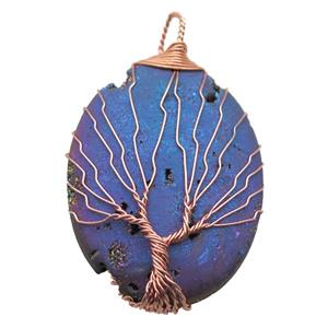 blue Agate Druzy oval pendant wire warpped tree of life, rose gold, approx 32-45mm [GM13965]