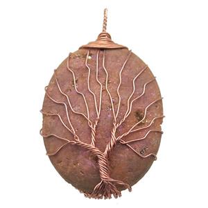 champagne Agate Druzy oval pendant wire warpped tree of life, rose gold, approx 32-45mm [GM13966]