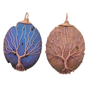 mixed Agate Druzy oval pendant wire warpped tree of life, rose gold, approx 32-45mm [GM13967]