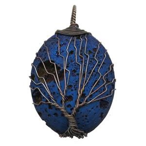blue Agate Druzy oval pendant wire warpped tree of life, approx 32-45mm [GM13969]