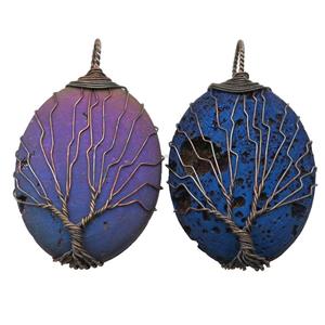 mixed Agate Druzy oval pendant wire warpped tree of life, approx 32-45mm [GM13970]
