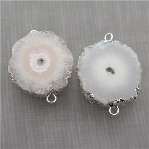 white Solar Quartz Druzy slab connector, freeform, silver plated, approx 15-35mm [GM14028]