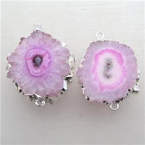 hotpink Solar Quartz Druzy slab connector, freeform, silver plated, approx 15-30mm [GM14031]