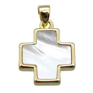 white Pearlized Shell cross pendant, gold plated, approx 13x13mm [GM14067]