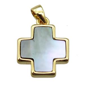 gray abalone shell cross pendant, gold plated, approx 13x13mm [GM14068]