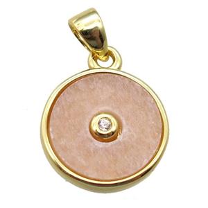 peach sunstone circle pendant, gold plated, approx 12mm dia [GM14078]