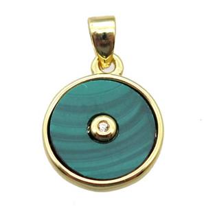 green Malachite circle pendant, gold plated, approx 12mm dia [GM14079]