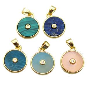 mixed Gemstone circle pendant, gold plated, approx 12mm dia [GM14083]