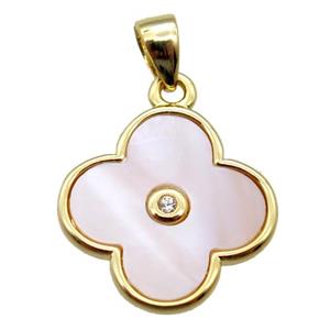 pink Queen Shell clover pendant, gold plated, approx 14mm dia [GM14099]
