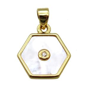 white Pearlized Shell hexagon pendant, gold plated, approx 12mm dia [GM14101]
