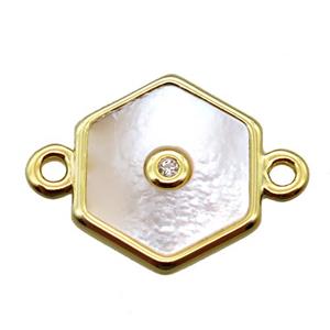 white Pearlized Shell hexagon connector, gold plated, approx 12mm dia [GM14102]