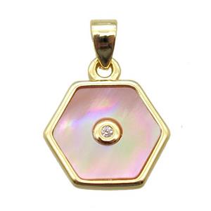 pink Queen Shell hexagon pendant, gold plated, approx 12mm dia [GM14103]