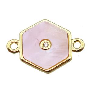 pink Queen Shell hexagon connector, gold plated, approx 12mm dia [GM14104]