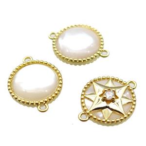 white Pearlized Shell coin round connector, gold plated, approx 14mm dia [GM14116]