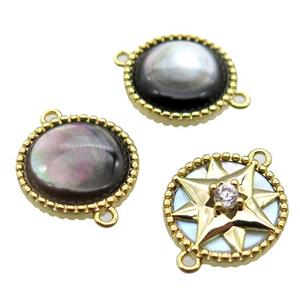 black Abalone Shell circle coin connector, gold plated, approx 14mm dia [GM14119]