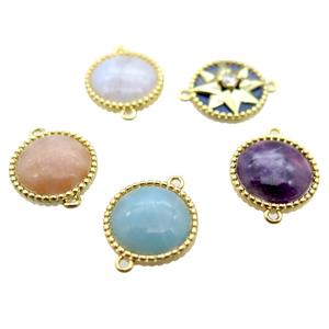 mix Gemstone coin circle connector, gold plated, approx 14mm dia [GM14124]